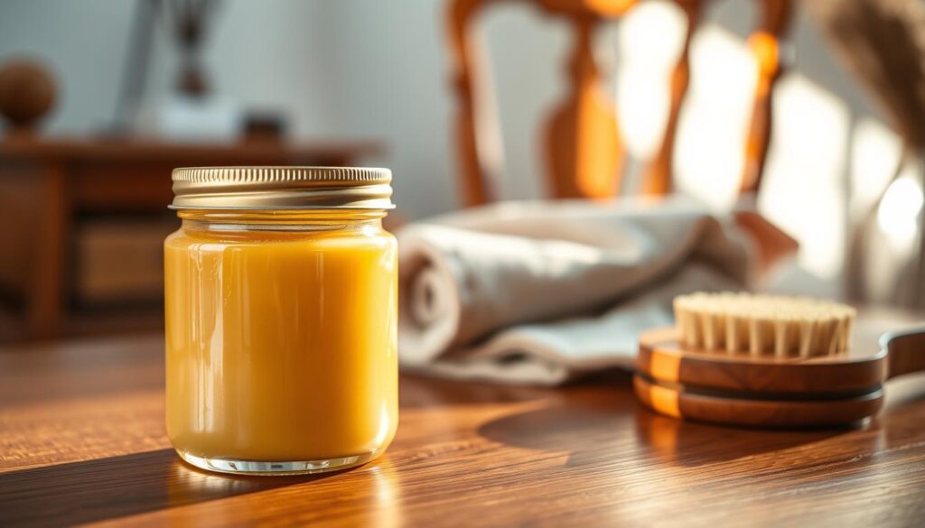 A beautifully arranged composition showcasing a jar of natural beeswax furniture polish in the foreground, glistening under soft, warm light. The jar is glass with a golden lid, reflecting the creamy texture of the beeswax inside. Beside it, a clean, polished wooden surface shines, demonstrating the effect of the beeswax. In the middle ground, there's a wooden furniture piece, possibly a table or chair, highlighting rich wood grains and a protective sheen. In the background, softly blurred, are various natural cleaning tools, like a soft cloth and a wooden brush. The atmosphere is calm and inviting, exuding a sense of warmth and sustainability, perfect for showcasing the benefits of natural beeswax. Use a shallow depth of field to emphasize the polish and wood grain, with balanced lighting to create an earthy feel.