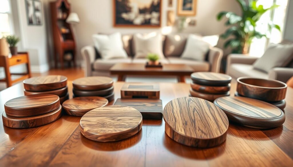 A beautifully arranged display of various wood furniture coasters placed on a polished wooden table. The foreground features a selection of coasters in different shapes and finishes—round, square, and oval—crafted from rich mahogany, oak, and walnut, each showcasing unique wood grain patterns. In the middle ground, a soft, diffused natural light illuminates the scene, casting gentle shadows that highlight the coasters' textures. The background softly blurs into a warm, inviting living room with hints of hardwood flooring and lush greenery, creating a cozy atmosphere. The image conveys a sense of elegance and functionality, emphasizing the importance of coasters in protecting wood surfaces. Ideal for a home décor theme, with a focus on quality craftsmanship and aesthetic appeal.
