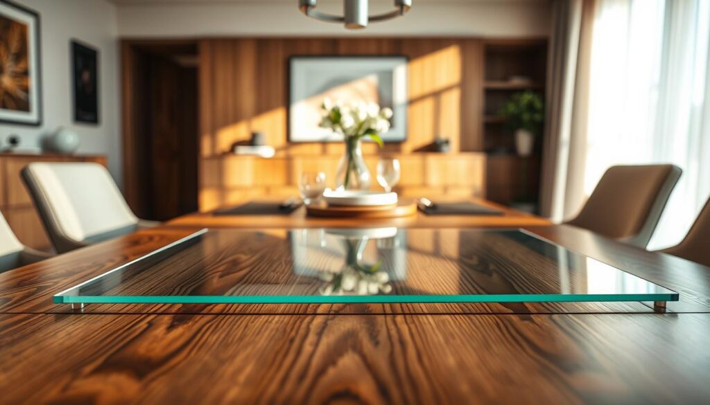 A beautifully arranged glass table protector sitting atop an elegant wood dining table. In the foreground, the clear glass surface reflects light, showcasing its smooth texture and transparency while revealing the intricate grain of the wood beneath. In the middle, the dining table features tasteful decor, including a minimalistic vase with fresh flowers and stylish tableware that complement the wood's warm tones. In the background, a softly lit room exudes sophistication, with soft shadows emphasizing the wood's natural patterns. The overall mood is inviting and modern, with gentle natural lighting casting a warm glow, creating a serene atmosphere. The image is captured from a slightly elevated angle, enhancing depth and focus on the glass protector while maintaining an elegant context. A beautifully arranged glass table protector sitting atop an elegant wood dining table. In the foreground, the clear glass surface reflects light, showcasing its smooth texture and transparency while revealing the intricate grain of the wood beneath. In the middle, the dining table features tasteful decor, including a minimalistic vase with fresh flowers and stylish tableware that complement the wood's warm tones. In the background, a softly lit room exudes sophistication, with soft shadows emphasizing the wood's natural patterns. The overall mood is inviting and modern, with gentle natural lighting casting a warm glow, creating a serene atmosphere. The image is captured from a slightly elevated angle, enhancing depth and focus on the glass protector while maintaining an elegant context.