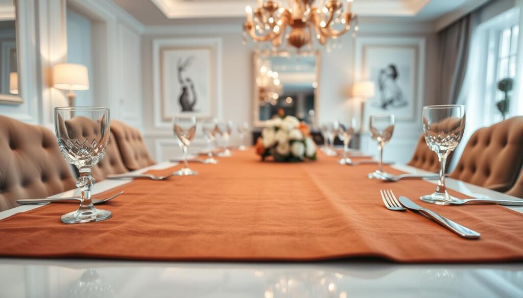 A beautifully arranged high-end dining room table featuring a luxurious, protective table pad elegantly laid across its surface. The table pad, made of rich mahogany-colored fabric, with subtle textures and soft sheen, serves as a practical yet stylish addition. The foreground showcases sparkling crystal dinnerware and polished silver cutlery, enhancing the premium look. In the middle, the table is set against a backdrop of elegant, soft-focus dining room decor, featuring plush upholstered chairs and an exquisite chandelier emitting warm, ambient lighting. Use a shallow depth of field to emphasize the table pad in the foreground, creating an inviting and sophisticated atmosphere. The overall composition should convey refinement and the importance of protecting high-end furniture. A beautifully arranged high-end dining room table featuring a luxurious, protective table pad elegantly laid across its surface. The table pad, made of rich mahogany-colored fabric, with subtle textures and soft sheen, serves as a practical yet stylish addition. The foreground showcases sparkling crystal dinnerware and polished silver cutlery, enhancing the premium look. In the middle, the table is set against a backdrop of elegant, soft-focus dining room decor, featuring plush upholstered chairs and an exquisite chandelier emitting warm, ambient lighting. Use a shallow depth of field to emphasize the table pad in the foreground, creating an inviting and sophisticated atmosphere. The overall composition should convey refinement and the importance of protecting high-end furniture.