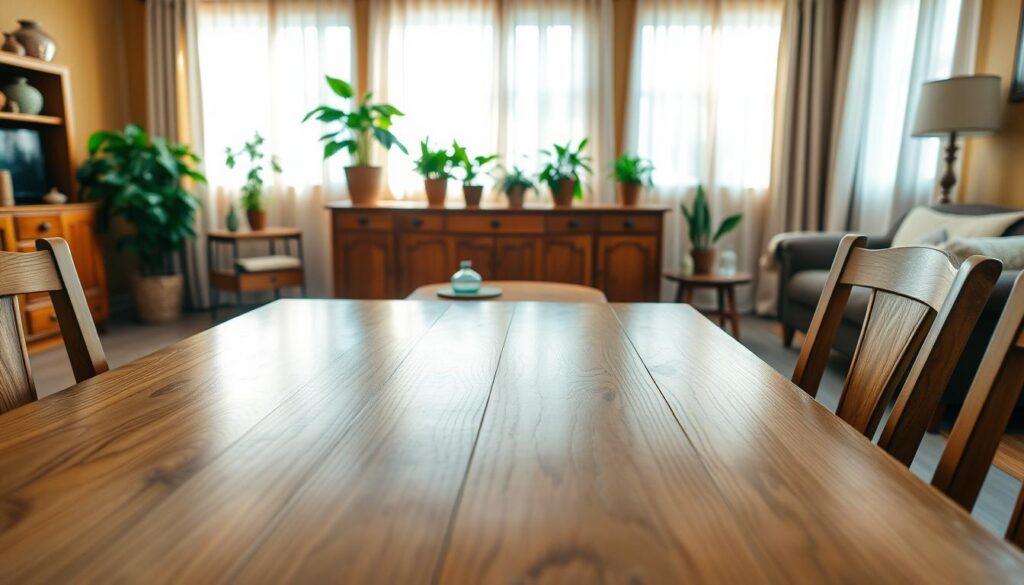 A beautifully arranged living room featuring an array of wood furniture pieces. In the foreground, a polished oak dining table with elegant grain patterns, surrounded by matching chairs, reflecting natural light. In the middle, a sturdy wooden sideboard displaying vibrant green potted plants, showcasing care for the environment. The background features a cozy, well-lit room with warm-toned walls and soft, diffused sunlight streaming through sheer curtains, creating a serene atmosphere. The scene feels inviting and peaceful, emphasizing cleanliness and warmth. The lighting is soft and enhances the textures of the wood, highlighting their uniqueness. The angle of the shot captures a sense of depth while keeping focus on the furniture, inviting viewers to understand the importance of proper wood care. A beautifully arranged living room featuring an array of wood furniture pieces. In the foreground, a polished oak dining table with elegant grain patterns, surrounded by matching chairs, reflecting natural light. In the middle, a sturdy wooden sideboard displaying vibrant green potted plants, showcasing care for the environment. The background features a cozy, well-lit room with warm-toned walls and soft, diffused sunlight streaming through sheer curtains, creating a serene atmosphere. The scene feels inviting and peaceful, emphasizing cleanliness and warmth. The lighting is soft and enhances the textures of the wood, highlighting their uniqueness. The angle of the shot captures a sense of depth while keeping focus on the furniture, inviting viewers to understand the importance of proper wood care.