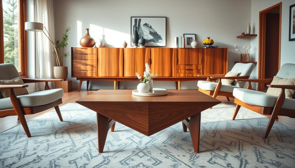 A beautifully arranged living room featuring mid-century modern teak furniture. In the foreground, showcase an elegant teak coffee table with a unique geometric design, flanked by two minimalist chairs with tapered legs. In the middle ground, include a stylish teak sideboard adorned with decorative vases and books, accentuating the rich, warm tones of the wood. The background features a large window with soft, natural light filtering in, casting gentle shadows across the room. Use a wide-angle lens to capture the inviting atmosphere, with a focus on the texture and grain of the teak wood. The mood is cozy yet sophisticated, reflecting the timeless elegance and functionality of mid-century modern design.