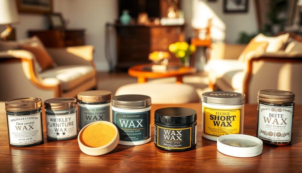 A beautifully arranged scene featuring a selection of wax products for furniture care on a wooden table. In the foreground, display various containers of furniture wax, showcasing different textures and colors, with labels indicating their intended use. The middle ground features a freshly polished wooden surface reflecting a warm, inviting light, highlighting the rich grain of the wood. In the background, a soft-focus view of a cozy, elegantly furnished room complements the scene, suggesting a comfortable and stylish atmosphere. The lighting is soft and natural, resembling late afternoon sunlight, casting gentle shadows and enhancing the warm tones. The overall mood is serene and sophisticated, emphasizing the importance of selecting the right wax for maintaining and beautifying solid wood furniture.