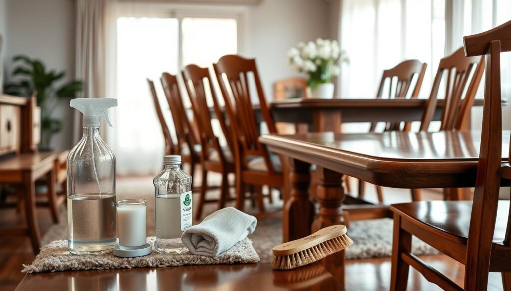 A beautifully arranged scene featuring clean wood furniture in a well-lit room. In the foreground, elegant wooden chairs and a polished dining table with a glossy finish reflect natural light, showcasing the grain and texture of the wood. In the middle ground, a plush area rug adds warmth, while an assortment of natural cleaning supplies, like a bottle of vinegar, a soft cloth, and a wooden brush, are neatly arranged beside the furniture. In the background, a large window frames soft, diffused sunlight filtering through sheer curtains, illuminating the space and enhancing the inviting atmosphere. The overall mood exudes freshness and cleanliness, inviting viewers to consider natural methods for maintaining their wood furniture.