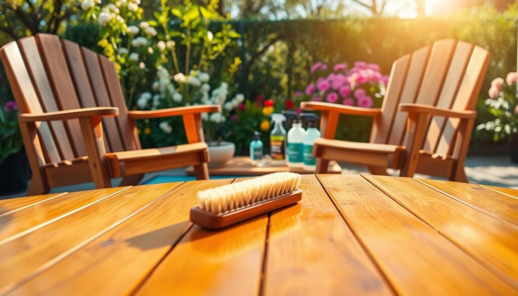 A beautifully arranged scene showcasing a pair of teak chairs and a cedar table, glistening in the sunlight after a thorough deep cleaning. In the foreground, the freshly cleaned wooden surfaces glimmer, reflecting hints of golden sunlight. In the middle, a well-organized cleaning setup is visible, including a soft-bristle brush and eco-friendly cleaning supplies neatly arranged on a vibrant outdoor rug. In the background, lush spring greenery and blooming flowers frame the setting, creating a peaceful and inviting atmosphere. The lighting is warm and bright, capturing the essence of a sunny spring day. The angle is slightly elevated, offering a clear view of the furniture and the cleaning tools, evoking a sense of renewal and preparation for outdoor enjoyment. A beautifully arranged scene showcasing a pair of teak chairs and a cedar table, glistening in the sunlight after a thorough deep cleaning. In the foreground, the freshly cleaned wooden surfaces glimmer, reflecting hints of golden sunlight. In the middle, a well-organized cleaning setup is visible, including a soft-bristle brush and eco-friendly cleaning supplies neatly arranged on a vibrant outdoor rug. In the background, lush spring greenery and blooming flowers frame the setting, creating a peaceful and inviting atmosphere. The lighting is warm and bright, capturing the essence of a sunny spring day. The angle is slightly elevated, offering a clear view of the furniture and the cleaning tools, evoking a sense of renewal and preparation for outdoor enjoyment.