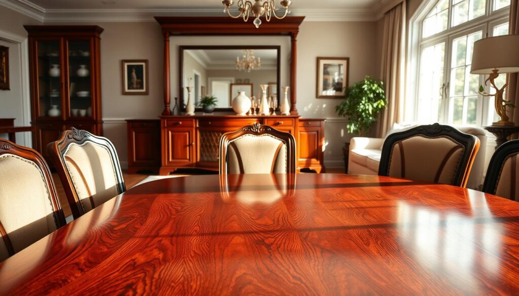 A beautifully arranged scene showcasing elegant wooden furniture in a bright and airy home environment. In the foreground, a polished mahogany dining table with exquisite grain patterns and a set of tasteful, upholstered dining chairs. In the middle, a stylish wooden sideboard displaying decorative items, subtly reflecting the warm tones of the wood. The background features a well-lit living area with large windows letting in natural light, illuminating the rich textures of the wood. Soft shadows create a cozy yet sophisticated atmosphere. The composition should evoke a sense of warmth and luxury, with a focus on the craftsmanship of the furniture. The image will highlight the importance of proper care, suggesting the presence of microfiber cloths nearby, ready for polishing while maintaining an overall clean aesthetic.