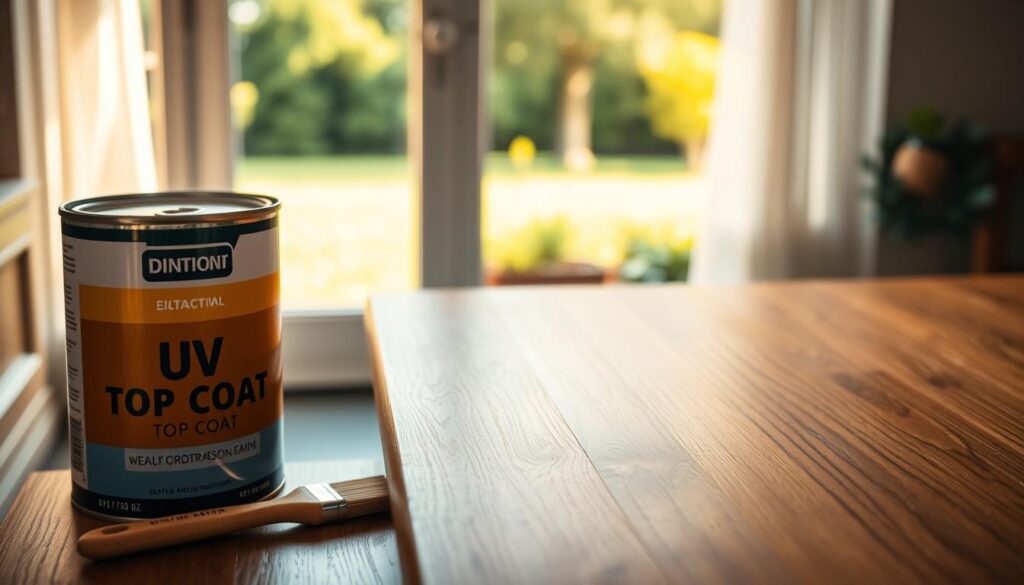 A beautifully arranged wooden furniture piece, such as a polished oak table, sits prominently in the foreground, showcasing its fine grain and shine. To the left, a can of UV protective top coat is partially visible, with the lid off, invitingly positioned alongside a paintbrush dipped in the liquid. In the middle ground, a bright, sunlit window filters golden light into the scene, highlighting the contrast of the wood's natural beauty against potential fading. The background features a lush, vibrant garden seen through the window, emphasizing the risk of UV exposure. Soft, diffused lighting enhances the warm atmosphere, while a shallow depth of field focuses on the furniture and the top coat, creating an inviting and informative ambiance.
