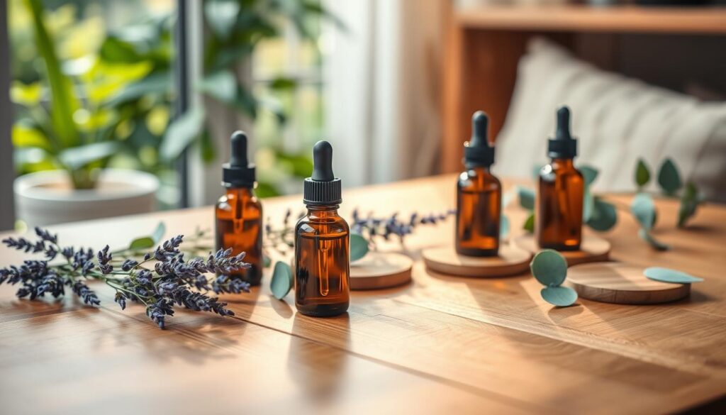 A beautifully arranged wooden table showcases various essential oils in glass bottles with droppers, surrounded by soft, organic elements like sprigs of lavender, eucalyptus leaves, and wooden coasters. The foreground features a warm, polished wood texture, creating an inviting atmosphere. In the background, gently blurred greenery flows, suggesting a calming outdoor setting. The lighting is soft and natural, streaming through a nearby window, illuminating the oils with a golden glow, and casting delicate shadows on the surface. The overall mood is serene and peaceful, emphasizing the nurturing qualities of essential oils for wood furniture care. The composition invites viewers to connect with the essence of natural cleaning and scenting. A beautifully arranged wooden table showcases various essential oils in glass bottles with droppers, surrounded by soft, organic elements like sprigs of lavender, eucalyptus leaves, and wooden coasters. The foreground features a warm, polished wood texture, creating an inviting atmosphere. In the background, gently blurred greenery flows, suggesting a calming outdoor setting. The lighting is soft and natural, streaming through a nearby window, illuminating the oils with a golden glow, and casting delicate shadows on the surface. The overall mood is serene and peaceful, emphasizing the nurturing qualities of essential oils for wood furniture care. The composition invites viewers to connect with the essence of natural cleaning and scenting.