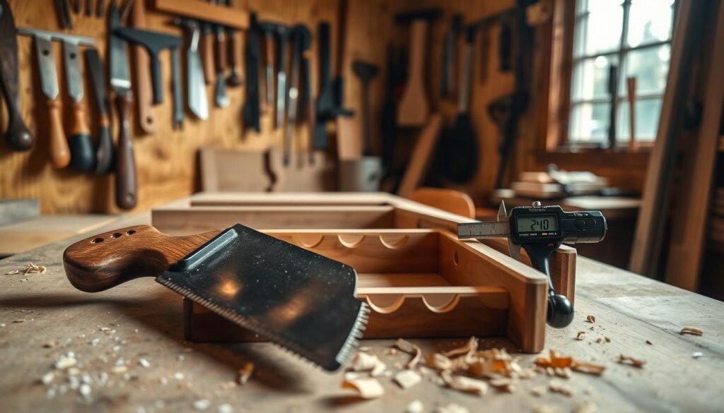 A beautifully arranged woodworking bench interior, focused on essential dovetail tools. In the foreground, a well-used dovetail saw with a wooden handle and fine teeth, a chisel set glinting in the soft light, and a digital caliper for precision measurements. The middle ground features a carefully-finished drawer with visible dovetail joints, partially opened to reveal the craftsmanship inside, with wooden shavings scattered around. The background showcases a cozy workshop atmosphere, with warm, natural lighting filtering through a window, highlighting the textured wood walls lined with various hand tools elegantly displayed. The mood is inviting and productive, perfect for a detailed repair project.