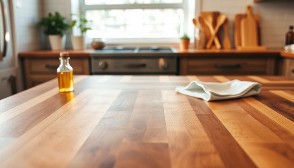 A beautifully crafted butcher block countertop made from rich, warm hardwoods, showcasing its natural grain and texture. The foreground features a clean, polished surface with a small bottle of mineral oil and a soft cloth nearby, illustrating the maintenance process. In the middle background, a bright kitchen scene with soft, natural light streaming in from a window, accentuating the beauty of the wood. Subtle kitchen decor, like potted herbs and wooden utensils, can be seen in the background, enhancing the inviting atmosphere. The image is shot from a slightly elevated angle, focusing on the countertop while giving a glimpse of the cozy kitchen environment. The overall mood is warm and homey, emphasizing care and longevity for the butcher block surface.