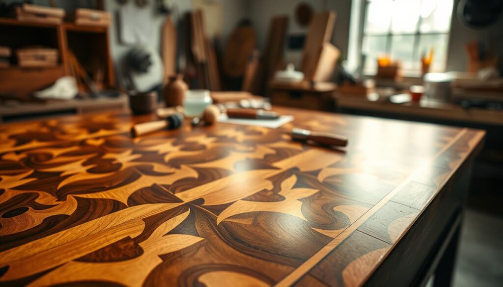 A beautifully crafted marquetry surface showcasing intricate patterns of wood inlays featuring rich mahogany, light maple, and deep walnut. The foreground highlights a close-up view of the detailed craftsmanship, emphasizing the smooth, polished finish and vibrant colors of the wood grains. In the middle ground, a soft focus presents a workbench scattered with tools like chisels and adhesive, hinting at the restoration process. The background includes a softly blurred workshop with warm, diffused lighting streaming through a window, creating an inviting and serene atmosphere. The overall mood is one of precision and care, reflecting the delicate work involved in assessing and stabilizing marquetry pieces. The image captures both beauty and craftsmanship, enveloped in an aura of professionalism.