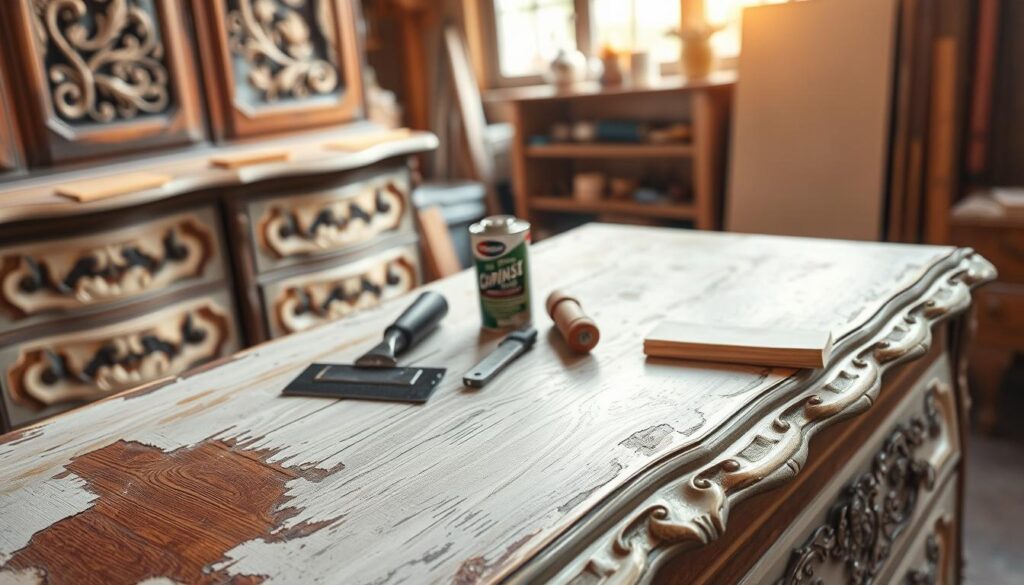 A beautifully crafted piece of vintage furniture, featuring an ornate wooden dresser with intricate carvings and a distressed paint finish. In the foreground, focus on the dresser's surface, showcasing areas where the finish is peeling to reveal the original wood beneath. In the middle ground, place an array of tools such as a paint scraper, a can of chemical stripper, and sandpaper, neatly arranged to illustrate the options for refinishing. The background should softly blur out, depicting a cozy workshop setting with warm, natural light filtering in through a nearby window, creating an inviting and productive atmosphere. Capture the scene from a slightly angled top-down perspective to emphasize the furniture details, tools, and workspace ambiance. The overall mood should convey a sense of careful assessment and preparation for restoration. A beautifully crafted piece of vintage furniture, featuring an ornate wooden dresser with intricate carvings and a distressed paint finish. In the foreground, focus on the dresser's surface, showcasing areas where the finish is peeling to reveal the original wood beneath. In the middle ground, place an array of tools such as a paint scraper, a can of chemical stripper, and sandpaper, neatly arranged to illustrate the options for refinishing. The background should softly blur out, depicting a cozy workshop setting with warm, natural light filtering in through a nearby window, creating an inviting and productive atmosphere. Capture the scene from a slightly angled top-down perspective to emphasize the furniture details, tools, and workspace ambiance. The overall mood should convey a sense of careful assessment and preparation for restoration.
