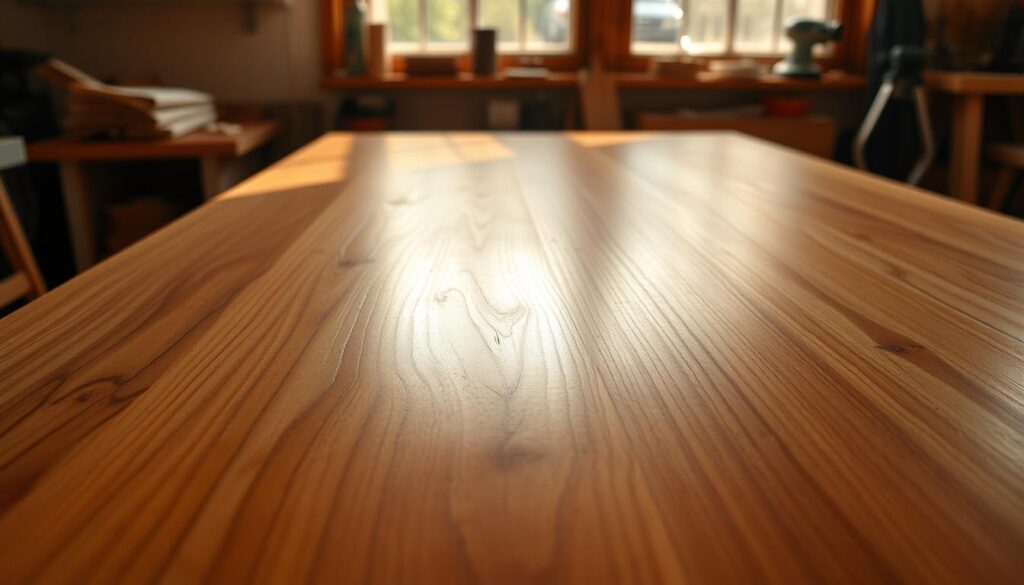 A beautifully crafted wooden table with an exceptionally smooth surface is the main subject, showcasing rich grains and minimal imperfections. The foreground captures the glistening surface, reflecting soft light to emphasize its polished finish. In the middle ground, there are gentle shadows cast by the natural lighting coming from a nearby window, highlighting the contours of the wood. The background features a serene workshop setting, with tools like sandpaper and an electric sander subtly arranged, conveying a sense of craftsmanship. Soft, warm lighting enhances the inviting atmosphere, creating a calm and focused mood. The photo is taken from a slight low angle to give prominence to the smooth surface, inviting viewers to appreciate the intricate details without distractions.