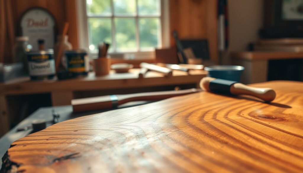 A beautifully finished piece of raw wood, showcasing a rich, glossy oil finish that highlights the natural grain patterns. In the foreground, a close-up of the wood shows intricate details, with rich hues of amber and gold reflecting subtle light. The middle ground features a softly lit workbench with tools scattered around, including an open can of linseed oil and a brush lying beside it, hinting at the craftsmanship involved. In the background, dappled sunlight filters through a window, creating a warm and inviting atmosphere. The overall mood is one of tranquility and focus, emphasizing the beauty and protective qualities of an oil finish on raw wood. The scene is captured with a shallow depth of field, allowing the foreground to stand out sharply against the softly blurred background.
