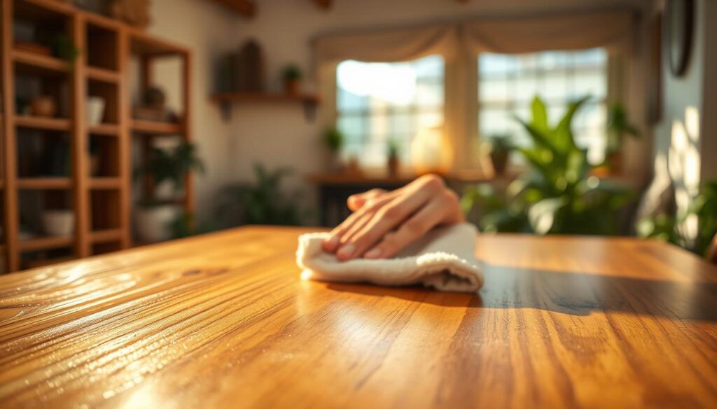 A beautifully finished piece of solid wood furniture, showcasing a lustrous wax finish that enhances its natural grain and richness. The foreground features a close-up of the wood surface, glistening softly under warm, diffused sunlight, highlighting the creamy texture of the wax. In the middle ground, a hand gently polishing the surface with a soft cloth reflects attention to detail. The background reveals a cozy, well-lit room with wooden shelves and plants, creating an inviting atmosphere. The lighting is soft and warm to evoke a sense of comfort and luxury, while a shallow depth of field focuses on the wax finish, creating a dreamy bokeh effect.