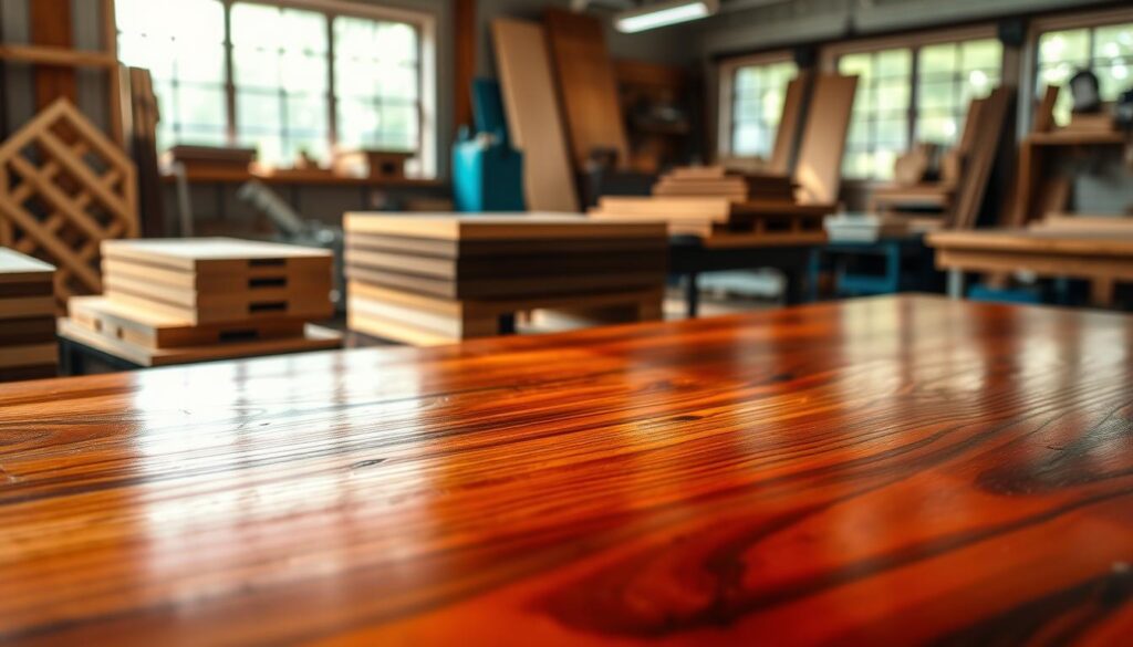 A beautifully finished wooden surface showcasing a clear coat adds depth and vibrance. In the foreground, display a close-up of a rich mahogany table with a glossy finish, reflecting ambient light. The middle layer features a variety of clear-coated wooden boards, including satin and matte finishes, arranged attractively to demonstrate different sheen levels. In the background, softly blurred, an artisan workshop with natural light filtering through large windows creates a warm atmosphere. The overall mood is professional and inviting, emphasizing quality craftsmanship. Use soft, diffused lighting to enhance the textures of the wood, with a focus on the details of the grain and finish, showcasing the appeal of various clear coat options.