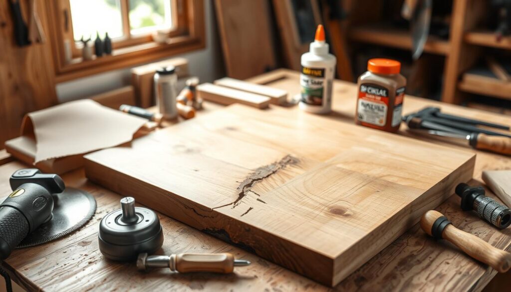 A beautifully organized woodworking station showcasing essential tools for repairing a solid wood tabletop. In the foreground, a sturdy workbench displays a selection of tools: a hand saw, sandpaper, a chisel set, wood glue, and clamps arranged neatly, highlighting their features with realistic textures. The middle ground features a partially restored wooden tabletop with a visible crack, demonstrating the repair process, and a set of wood filler and wood stain next to it. In the background, soft natural light filters through a window, creating a warm, inviting atmosphere that suggests craftsmanship and dedication. The focus is sharp on the tools, with a shallow depth of field blurring the background to emphasize the repair effort.