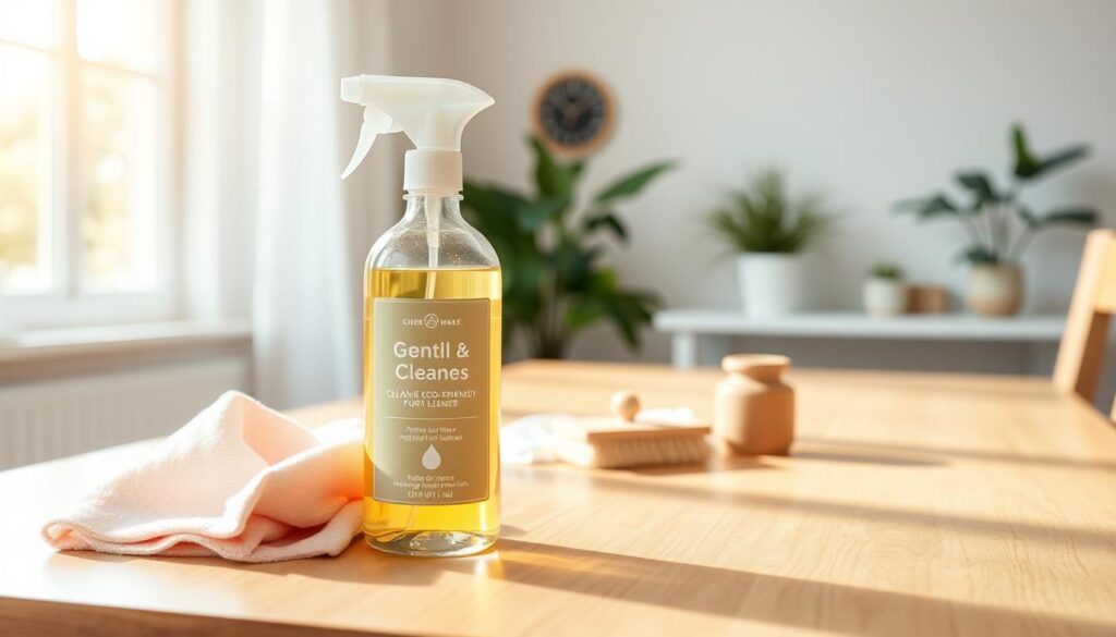 A beautifully organized workspace for cleaning light wood furniture, featuring a bottle of gentle, eco-friendly cleaner prominently displayed in the foreground. Surrounding the cleaner are soft, microfiber cloths in pastel colors, a natural bristle brush, and a small wooden polish canister. In the middle, there’s a light maple table with a polished finish, reflecting warm sunlight streaming in from a window, casting a soft glow on the surfaces. The background showcases a serene, airy room with light-colored walls and a few potted plants, enhancing the calm and refreshing atmosphere. The scene is captured with a soft-focus lens effect, emphasizing the cleaner and tools while creating a welcoming, tidy environment. The overall mood is one of serenity and professionalism, inspiring care and respect for beautiful wood furnishings.