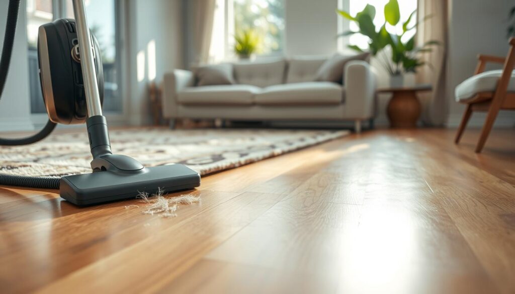 A beautifully polished hardwood floor glistens under soft, natural light streaming in through a large window. In the foreground, a sleek, modern vacuum cleaner is positioned next to a decorative throw rug lightly dusted with pet hair, showcasing the challenge of maintaining these surfaces. The middle layer features a close-up view of the rich grain patterns and warm tones of the wood, emphasizing its texture. The background softly fades into a cozy living room setting with plush furniture and indoor plants, enhancing the inviting atmosphere. The overall mood is serene and homey, evoking a sense of comfort while addressing the issue of pet hair and static cling to wooden surfaces. The composition is captured using a 50mm lens with a slight angle to accentuate depth.