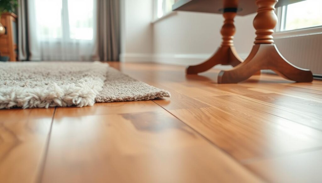 A beautifully polished hardwood floor stretches across a well-lit living room, showcasing rich oak tones with subtle grain patterns. In the foreground, a plush area rug lies partially on the floor, providing a cozy contrast to the wooden surface. The middle ground features a pair of elegant wooden furniture legs, highlighting the risk of scratches from playful pets. In the background, a large window allows soft, natural light to flow in, casting gentle shadows that enhance the textures of the floor. The atmosphere is warm and inviting, evoking a sense of home. The composition is shot from a slightly elevated angle to fully capture the elegance of the hardwood and the potential impact of pet activity on its surface. A beautifully polished hardwood floor stretches across a well-lit living room, showcasing rich oak tones with subtle grain patterns. In the foreground, a plush area rug lies partially on the floor, providing a cozy contrast to the wooden surface. The middle ground features a pair of elegant wooden furniture legs, highlighting the risk of scratches from playful pets. In the background, a large window allows soft, natural light to flow in, casting gentle shadows that enhance the textures of the floor. The atmosphere is warm and inviting, evoking a sense of home. The composition is shot from a slightly elevated angle to fully capture the elegance of the hardwood and the potential impact of pet activity on its surface.