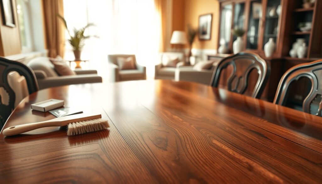 A beautifully polished wooden furniture piece, showcasing a deep clean that reveals rich hues and intricate grain patterns. In the foreground, an elegant mahogany dining table gleams under soft, warm lighting, emphasizing its restored luster. A set of clean, neatly arranged brushes and natural cleaning products lie beside it, suggesting the cleaning process. The middle ground features a cozy, inviting room with warm-toned walls, deep-seated chairs, and natural decor elements that complement the wood's shine. In the background, a large window allows soft, diffused sunlight to pour in, creating a serene and bright atmosphere. The image conveys a sense of transformation and renewal, highlighting the beauty of well-maintained wood furniture. A beautifully polished wooden furniture piece, showcasing a deep clean that reveals rich hues and intricate grain patterns. In the foreground, an elegant mahogany dining table gleams under soft, warm lighting, emphasizing its restored luster. A set of clean, neatly arranged brushes and natural cleaning products lie beside it, suggesting the cleaning process. The middle ground features a cozy, inviting room with warm-toned walls, deep-seated chairs, and natural decor elements that complement the wood's shine. In the background, a large window allows soft, diffused sunlight to pour in, creating a serene and bright atmosphere. The image conveys a sense of transformation and renewal, highlighting the beauty of well-maintained wood furniture.