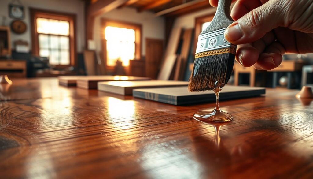 A beautifully polished wooden surface reflecting light, showcasing different finishes: shellac, lacquer, and poly. In the foreground, a close-up of a hand applying a glossy lacquer finish with a brush, glistening droplets captured in motion. In the middle ground, a variety of sample wood pieces, each finished with different textures and sheens – matte, semi-gloss, and high-gloss. The background features an elegant workshop setting, bathed in warm, inviting natural light streaming through large windows. The atmosphere is one of craftsmanship and care, highlighting the importance of choice in wood finishes. The image is sharp, taken with a macro lens to emphasize the rich details of the wood grain and reflective surfaces, conveying a mood of professionalism and artistry.