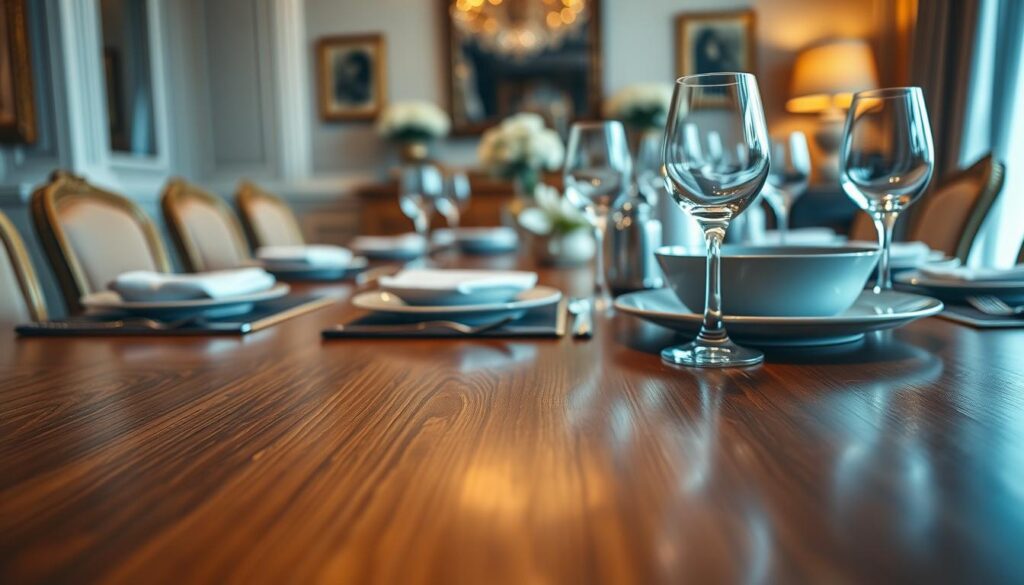 A beautifully set dining table featuring a high-end wooden surface, protected by a clear vinyl table protector that subtly displays its sleek surface. In the foreground, focus on the glistening vinyl, showcasing its smooth texture and slight reflections. The middle of the composition captures elegant dining ware: fine china, polished cutlery, and crystal glassware, all impeccably arranged. In the background, softly blurred accents of a well-decorated dining room with warm ambient lighting enhance a luxurious yet inviting atmosphere. The light casts gentle shadows, creating depth and interest in the scene. Use a slightly top-down angle to highlight the contrast between the vinyl protector and the exquisite table setting, conveying a sense of care and protection for high-end furniture. A beautifully set dining table featuring a high-end wooden surface, protected by a clear vinyl table protector that subtly displays its sleek surface. In the foreground, focus on the glistening vinyl, showcasing its smooth texture and slight reflections. The middle of the composition captures elegant dining ware: fine china, polished cutlery, and crystal glassware, all impeccably arranged. In the background, softly blurred accents of a well-decorated dining room with warm ambient lighting enhance a luxurious yet inviting atmosphere. The light casts gentle shadows, creating depth and interest in the scene. Use a slightly top-down angle to highlight the contrast between the vinyl protector and the exquisite table setting, conveying a sense of care and protection for high-end furniture.