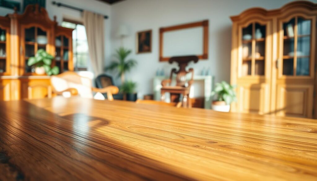 A beautifully staged interior scene showcasing a variety of solid wood furniture pieces, including a polished oak table, an intricately carved mahogany chair, and a rustic pine cabinet. In the foreground, a close-up view of the table's glossy surface, reflecting warm, natural light streaming in from a window. The middle ground features well-arranged furniture with rich textures and grains clearly visible, emphasizing the quality of the craftsmanship. In the background, softly blurred houseplants add a touch of greenery, creating a serene atmosphere. The overall mood is calm and inviting, with the lighting highlighting the furniture's details and inviting the viewer to appreciate the beauty of solid wood finishes. The perspective should be at eye level, capturing the elegance of each piece without distractions.