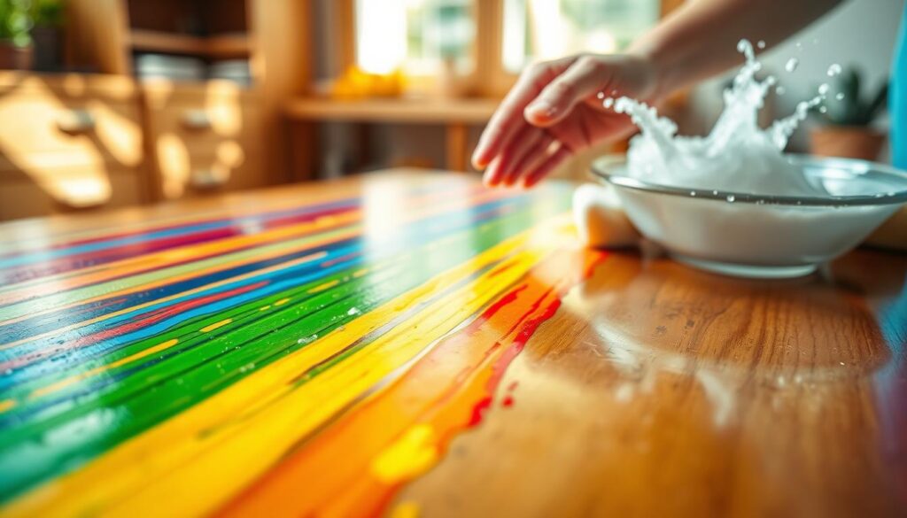 A bright and colorful depiction of crayon marks on a polished wood surface, showcasing vibrant streaks in various colors like red, blue, green, and yellow. In the foreground, focus on a close-up of the crayon marks with a soft, glistening effect to highlight the waxy texture. In the middle ground, include a gentle hand using a soft cloth and a bowl of soapy water, with splashes of light reflecting off the water, evoking a sense of care and attention. The background should be softly blurred, hinting at a cozy, well-lit room with wooden furniture, creating a warm atmosphere. Soft, natural lighting enhances the colors, conveying a feeling of freshness and cleanliness, inviting viewers into the scene.