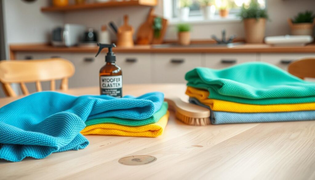 A clean workspace showcasing a variety of microfiber cloths arranged neatly on a light wooden surface. In the foreground, vividly colored microfiber cloths in shades of blue, green, and yellow are folded and placed beside a small bottle of wood polish and a gentle scrub brush. In the middle ground, there’s a slightly stained wooden table with light heat marks, hinting at the need for protection. The background features a softly blurred kitchen setting, with natural light filtering through a window, creating a warm and inviting atmosphere. The focus is on the textures and colors of the cloths, highlighting their softness and usability. The mood is practical and reassuring, perfect for a home improvement project.