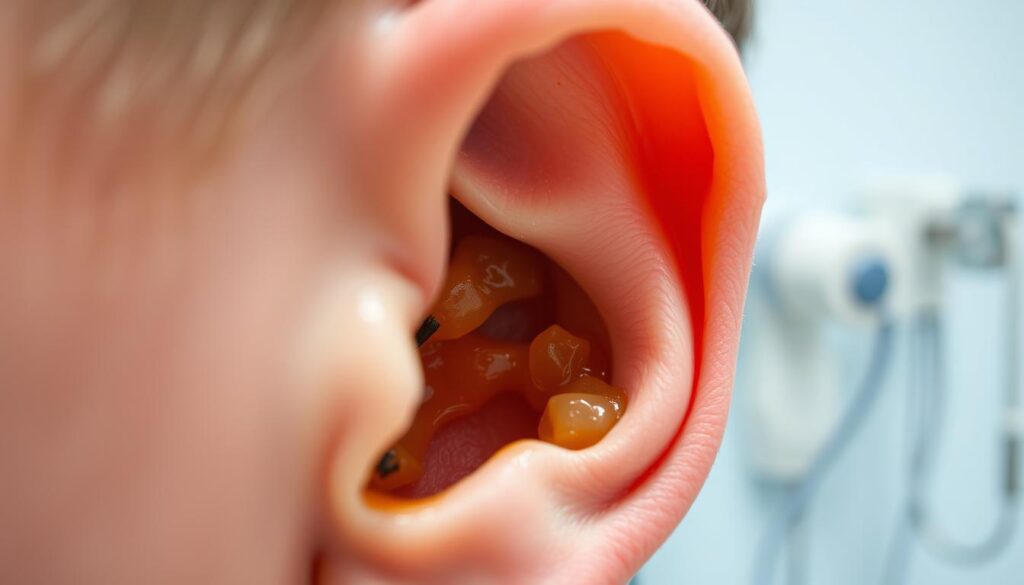 A close-up image of a human ear with noticeable earwax buildup. The focus is on the inner area of the ear canal, showcasing the texture and color variations of the wax. Surrounding the ear, a softly blurred background suggests a clinical environment with subtle hints of medical instruments, indicating a professional setting. Soft, diffused lighting emphasizes the details of the ear while maintaining a clean and sterile atmosphere. The shot should be taken at a slight angle, capturing the depth of the ear canal, illustrating the potential blockage without being graphic. The overall mood is informative and neutral, designed to educate viewers on ear health.