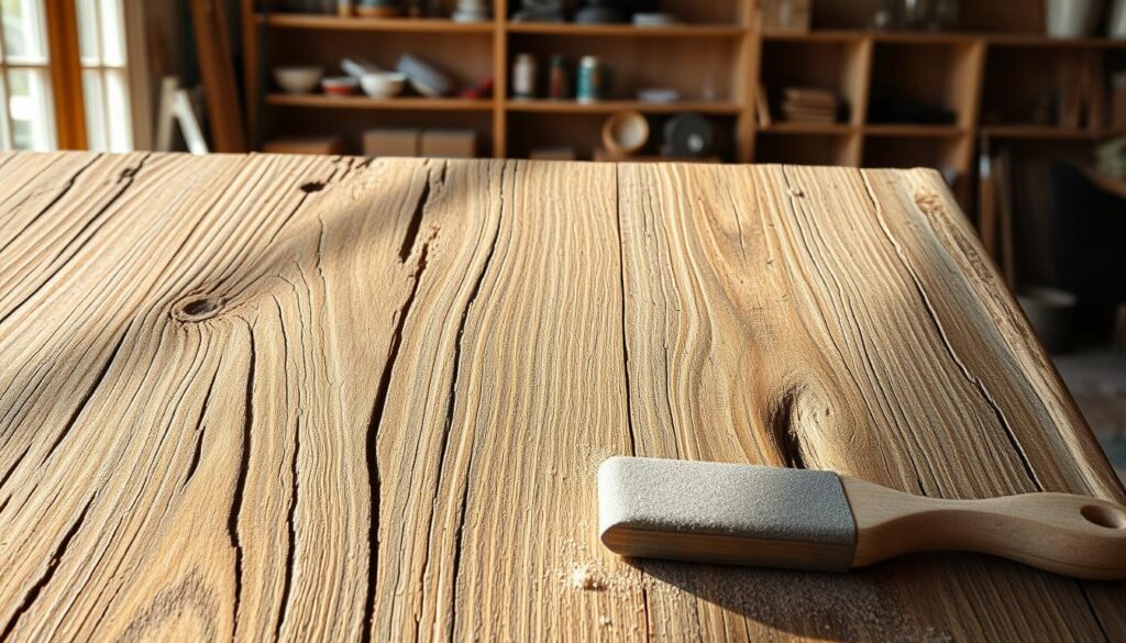 A close-up image of a sun-faded wooden surface displaying varying shades of brown and gray, revealing signs of wear and weathering. The texture should be prominent, showcasing intricate grain patterns and small cracks, enhanced by soft natural sunlight illuminating the surface from the left side, creating gentle shadows that accentuate the wood's contours. In the foreground, a few sanding tools—like fine-grit sandpaper and a paintbrush—are artfully placed, hinting at the restoration process. The background is softly blurred, featuring a cozy workshop environment with wooden shelves and scattered restoration supplies, evoking a warm, inviting atmosphere. The overall mood is nostalgic and inspiring, encouraging viewers to reflect on the beauty of well-maintained wood.
