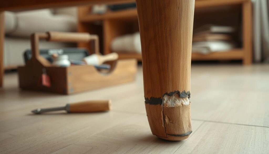 A close-up image of a wooden furniture leg that has been chewed by a dog, showcasing distinct tooth marks and splintered edges. The foreground features the damaged leg in sharp detail, with the texture of the wood clearly visible, highlighting its wear and tear. In the middle ground, a toolbox is partially in view, indicating the start of a repair process with tools like wood glue, sandpaper, and a small paintbrush. The background shows a softly blurred room setting, suggesting a cozy home environment with warm lighting that creates a calm and inviting atmosphere. The angle is slightly elevated, capturing both the damage and the repair tools effectively, with a soft focus on the room to emphasize the furniture leg as the main subject.