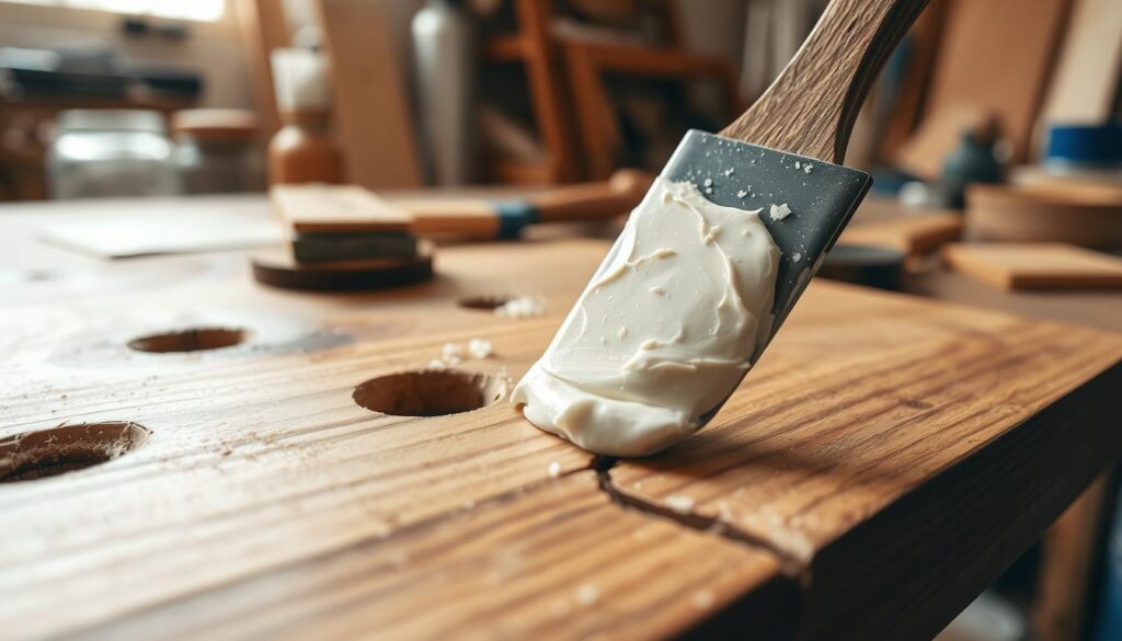 A close-up image of a wooden surface with visible holes and large cracks being filled with wood filler. The wood filler is creamy and smooth, seamlessly blending into the wood grain, highlighting the repair process. In the foreground, show a spatula or putty knife skillfully applying the filler into the cracks, capturing the texture of the filler and wood in detail. In the middle, blurred tools like sandpaper and a paintbrush rest nearby, suggesting additional steps in the repair process. The background features a softly lit workshop environment with woodwork supplies, enhancing the atmosphere of a focused craftsmanship. The lighting is warm and natural, creating an inviting and productive mood, emphasizing the meticulous nature of woodworking.
