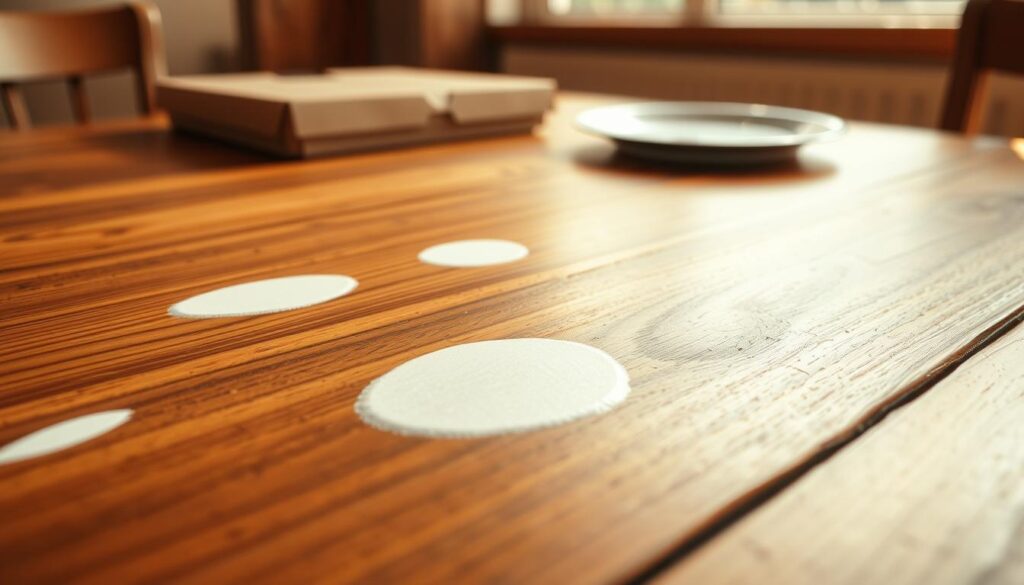 A close-up image of a wooden table surface showing distinct white heat stains caused by hot plates, with a focus on the texture of the wood grain. The foreground features several irregular white marks that contrast sharply with the warm brown tones of the wood, reflecting the damage from heat exposure. In the middle ground, a soft-focus pizza box and a sleek plate are displayed, suggesting the origins of the stains. The background is softly blurred to highlight the table without distracting elements. The lighting is warm and natural, simulating sunlight filtering through a window, creating a calm atmosphere. The composition should evoke a sense of concern and curiosity about wood care, while remaining aesthetically pleasing and informative.