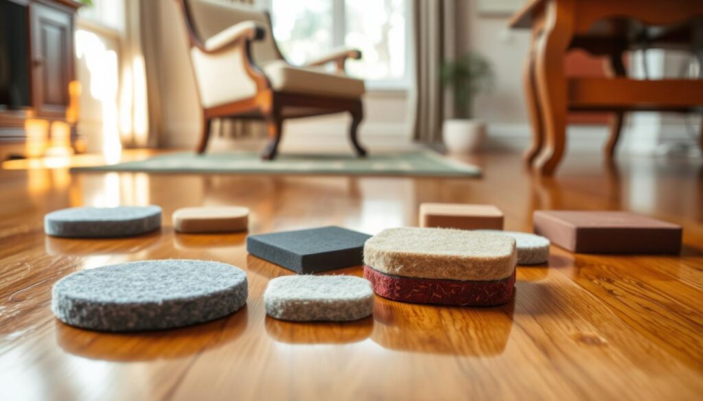 A close-up image of various felt pads designed for protecting wood floors and furniture, displayed on a polished wooden surface. In the foreground, several round and square felt pads in different sizes and colors, featuring soft textures and fibers. The middle ground features a glistening hardwood floor, showcasing the smooth surface that the felt pads protect. In the background, a softly lit living room setting with elegant wood furniture, such as a chair and a table, creating a warm, inviting atmosphere. Natural light filters through a nearby window, casting gentle shadows and highlighting the beauty of the wood. The overall mood is serene and professional, emphasizing the importance of felt pads for maintaining wood surfaces.