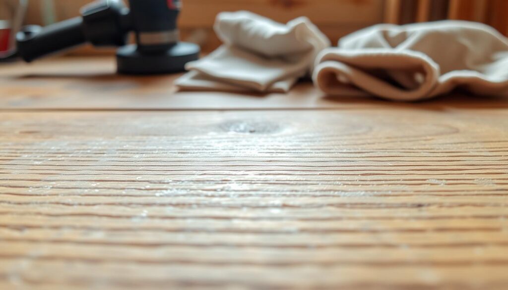 A close-up image showcasing a wooden surface exhibiting moisture haze, highlighting the subtle, clouded areas that indicate the presence of moisture damage. In the foreground, the texture of the wood grain is visible, with a mixture of light and dark shades that accentuate the haze's iridescent quality. The middle ground features a soft, diffused natural light that enhances the wood's details, creating a warm atmosphere. In the background, slightly blurred tools for wood repair, such as a sander and cleaning cloth, hint at a workshop setting, without drawing attention away from the main subject. The overall composition conveys a sense of care and attention to detail, ideal for understanding moisture haze on wood finishes. The lighting should evoke a calm, inviting mood, emphasizing the need for careful inspection before proceeding with repairs.