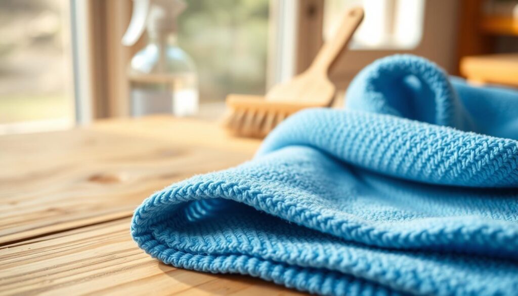 A close-up of a microfiber cloth, showcasing its fine fibers and texture, neatly folded and placed on a rustic wooden surface. The cloth should be a vibrant shade of blue, providing contrast against the warm, unfinished wood background. Soft, natural lighting filters in from a nearby window, casting gentle shadows that highlight the material's plush surface. In the background, slightly blurred, there are glimpses of cleaning tools like a spray bottle and a wooden brush, conveying an organized cleaning setup. The mood is calm and inviting, emphasizing the care needed in cleaning raw wood without causing damage.