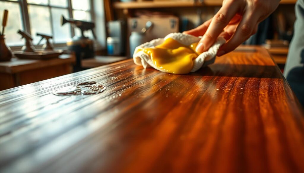 A close-up of a rich, glossy wooden surface being applied with a natural beeswax finish. The foreground features hands gently rubbing the beeswax onto the wood with a soft cloth, showcasing the smooth, warm texture of the wax. In the middle ground, the wood's grain is highlighted, creating a contrast between the oily sheen of the beeswax and the matte finish of untreated wood. In the background, a cozy workshop scene is subtly blurred, with tools and natural lighting filtering through a nearby window, adding warmth and depth. Aim for soft, golden-hour lighting that enhances the richness of the wood and the creamy beeswax, creating an inviting, handcrafted atmosphere. The mood should evoke a sense of care and craftsmanship.