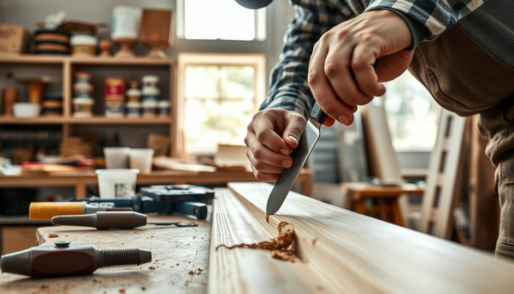 A close-up scene of a skilled craftsman repairing broken wood trim with epoxy putty in a well-lit workshop. The foreground features the craftsman in professional work attire, carefully applying the epoxy with a putty knife, showcasing detailed texture and smoothness on the wood surface. In the middle ground, various tools like clamps, sandpaper, and disposable mixing containers are organized neatly, reflecting a professional environment. The background captures shelves filled with wood finishes and a window allowing soft, natural light to illuminate the workspace, creating a calm and focused atmosphere. The image should convey precision and craftsmanship in the repair process, with attention to the details of the materials used.