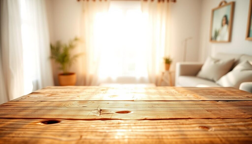 A close-up shot of a sun-faded wooden furniture piece, illustrating the contrast between faded and untouched wood. The foreground features a weathered, light-colored side table with distinct patches of sun damage, displaying uneven fading and rich grain patterns. In the middle ground, a sunlit window casts soft, warm golden rays onto the furniture, enhancing the texture and depth of the wood. The background consists of a bright, airy room with gentle, diffused sunlight filtering through sheer curtains, creating a serene atmosphere. Focus on capturing the intricate details of the wood grain and the play of light, adding a sense of warmth and nostalgia to the scene.