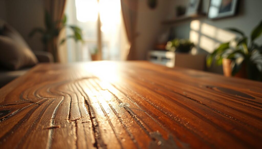 A close-up view of a beautifully crafted wooden furniture piece, emphasizing prominent scratches and wear on its surface. The foreground showcases intricate details of the grain and finish, highlighting the contrast between the polished areas and the distressed scratches. In the middle, warm, diffused sunlight filters through a nearby window, casting soft shadows and creating a cozy, inviting atmosphere. The background includes blurred hints of a home environment, such as plants and decorative items, to suggest a lived-in space. The overall mood is serene and reflective, encouraging a sense of care and attention for the furniture. The lens captures the texture and depth of the wood finish, with a shallow depth of field for a focused, intimate portrayal.