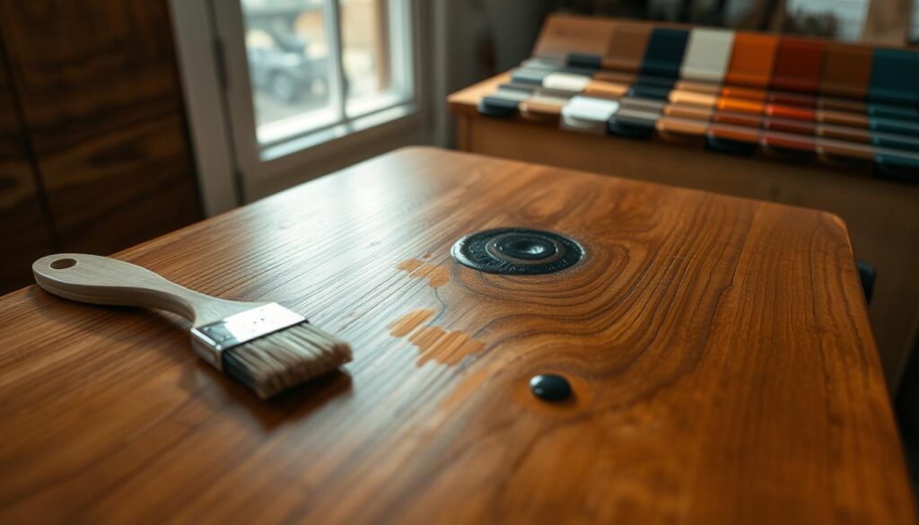 A close-up view of a beautifully crafted wooden furniture piece, showcasing areas that require a touch-up. In the foreground, a delicate brush with wood stain sits purposefully near a small, faded area on the polished surface, its rich depth contrasting against the lighter sections. The middle ground captures the intricate grain patterns and knots of the wood, emphasizing the variations in color and texture. Soft, natural lighting streams in from a nearby window, casting gentle shadows that enhance the three-dimensional qualities of the wood. In the background, a selection of stain samples, in various shades, is arranged neatly on a workbench, adding depth and context to the scene. The overall atmosphere is calm and focused, evoking a sense of care and attention in the restoration process.