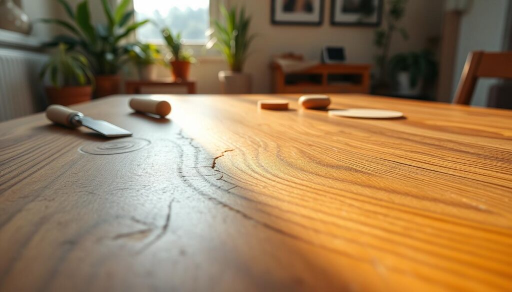 A close-up view of a beautifully crafted wooden table showing early warning signs of damage, such as small checks and hairline cracks. The foreground highlights the intricate grain patterns of the wood, softly illuminated by natural light streaming through a nearby window, creating gentle shadows that accentuate the surface texture. In the middle ground, a few scattered woodworking tools, like a chisel and fine sandpaper, imply that maintenance is needed. The background features a serene home setting with potted plants and neutral-colored walls, enhancing a calm atmosphere. The entire composition evokes a sense of urgency balanced with a peaceful environment, encouraging proactive care for wood furniture. A close-up view of a beautifully crafted wooden table showing early warning signs of damage, such as small checks and hairline cracks. The foreground highlights the intricate grain patterns of the wood, softly illuminated by natural light streaming through a nearby window, creating gentle shadows that accentuate the surface texture. In the middle ground, a few scattered woodworking tools, like a chisel and fine sandpaper, imply that maintenance is needed. The background features a serene home setting with potted plants and neutral-colored walls, enhancing a calm atmosphere. The entire composition evokes a sense of urgency balanced with a peaceful environment, encouraging proactive care for wood furniture.