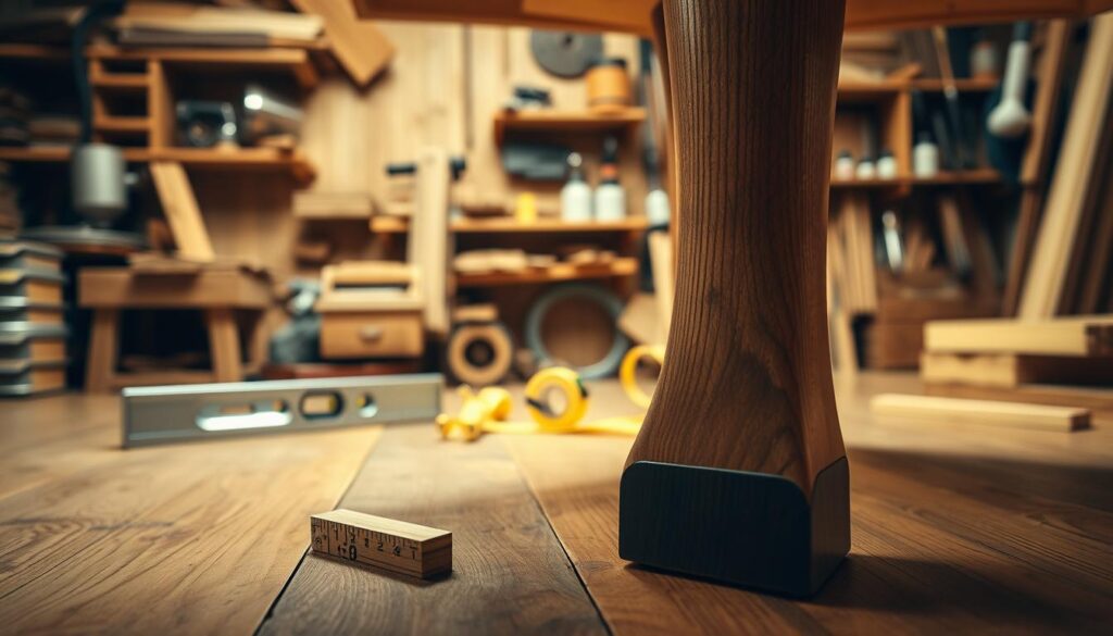 A close-up view of a beautifully crafted wooden table with uneven legs causing it to tilt slightly to one side. The foreground features a detailed focus on one of the legs, showing its natural grain and the gap it creates with the floor, highlighting the wobble. In the middle ground, an array of tools such as a level, wood shim, and measuring tape are neatly arranged, suggesting an ongoing repair process. The background displays a warm, softly lit workshop setting with wooden shelves lined with woodworking supplies and tools, creating an inviting, industrious atmosphere. The lighting is warm and ambient, enhancing the wood textures while casting gentle shadows. The overall mood is practical yet cozy, reflecting a DIY spirit of home improvement. A close-up view of a beautifully crafted wooden table with uneven legs causing it to tilt slightly to one side. The foreground features a detailed focus on one of the legs, showing its natural grain and the gap it creates with the floor, highlighting the wobble. In the middle ground, an array of tools such as a level, wood shim, and measuring tape are neatly arranged, suggesting an ongoing repair process. The background displays a warm, softly lit workshop setting with wooden shelves lined with woodworking supplies and tools, creating an inviting, industrious atmosphere. The lighting is warm and ambient, enhancing the wood textures while casting gentle shadows. The overall mood is practical yet cozy, reflecting a DIY spirit of home improvement.