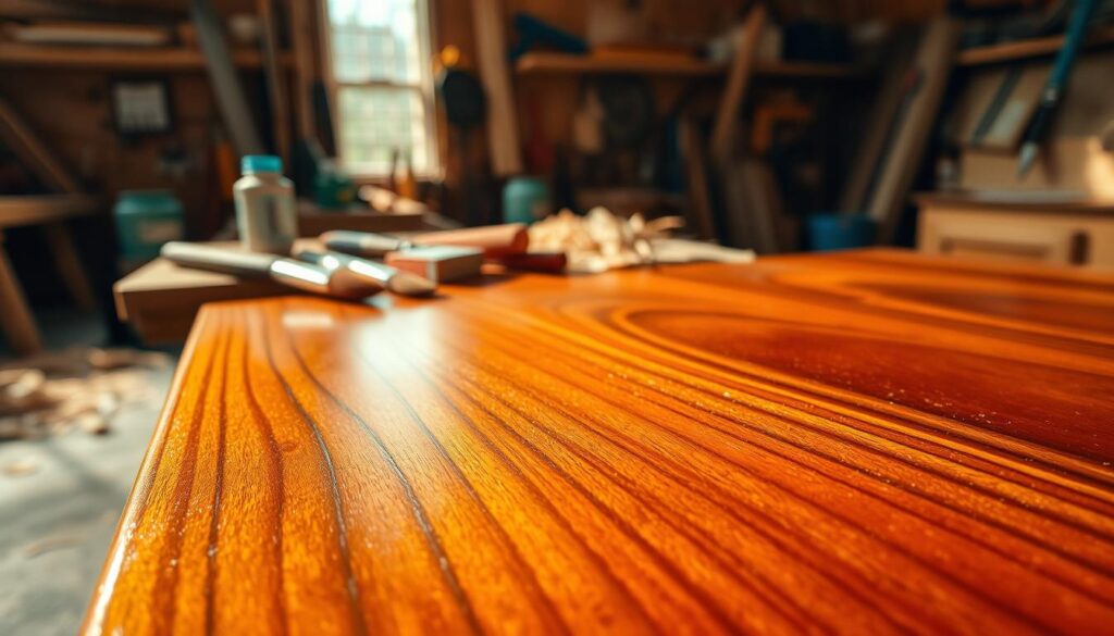 A close-up view of a beautifully finished wooden surface showcasing a rich, glossy shellac finish. In the foreground, the polished wood grain glistens under warm, natural lighting, highlighting the depth and clarity of the shellac. The middle ground features a selection of paint tools and brushes, emphasizing the crafting process. In the background, a blurred workshop setting filled with woodworking tools and wood shavings creates an atmosphere of creativity and craftsmanship. The overall mood is warm and inviting, portraying both the beauty and functionality of shellac as a protective finish. The image is well-lit, with soft shadows emphasizing the wood texture, captured from an angle that reveals the rich detail of the surface.