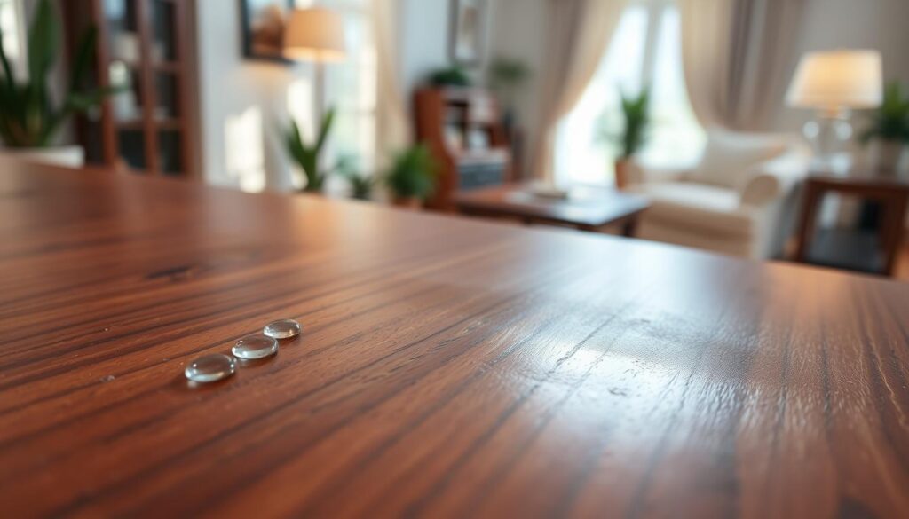 A close-up view of a beautifully finished wooden surface, showcasing intricate grain patterns and rich, warm tones of mahogany. In the foreground, a few droplets of an abrasive cleaner glisten atop the wood, hinting at damage. The middle ground features a slight abrasion mark on the surface, reflecting light to emphasize the contrast between the shiny finish and the dull patches caused by improper cleaning. The background blurs softly, suggesting a well-lit, elegant living space with plants and neutral decor. The atmosphere feels both inviting and cautionary, conveying a sense of care for wood maintenance. Soft, diffused lighting enhances the textures and details, capturing the essence of wood finish and its vulnerability.