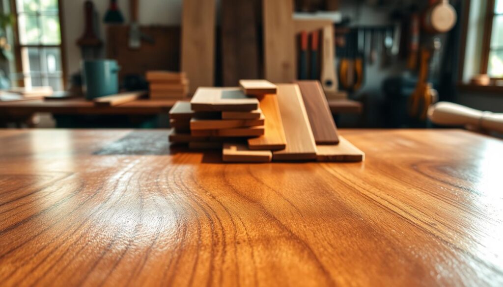 A close-up view of a beautifully finished wooden surface, showcasing rich textures and a natural grain pattern. In the foreground, highlight a glossy, eco-friendly wood finish reflecting soft sunlight, casting gentle shadows that enhance its depth. The middle layer features various wood samples—oak, walnut, and cherry—arranged artfully, demonstrating the versatility of wood finishes. In the background, a serene workshop environment, with tools neatly organized, evokes a warm, inviting atmosphere. Soft, diffused lighting filters through a window, creating a calm and inspiring mood conducive to woodworking. The overall composition should emphasize the beauty and importance of wood finishes in home projects, symbolizing both protection and aesthetic enhancement.