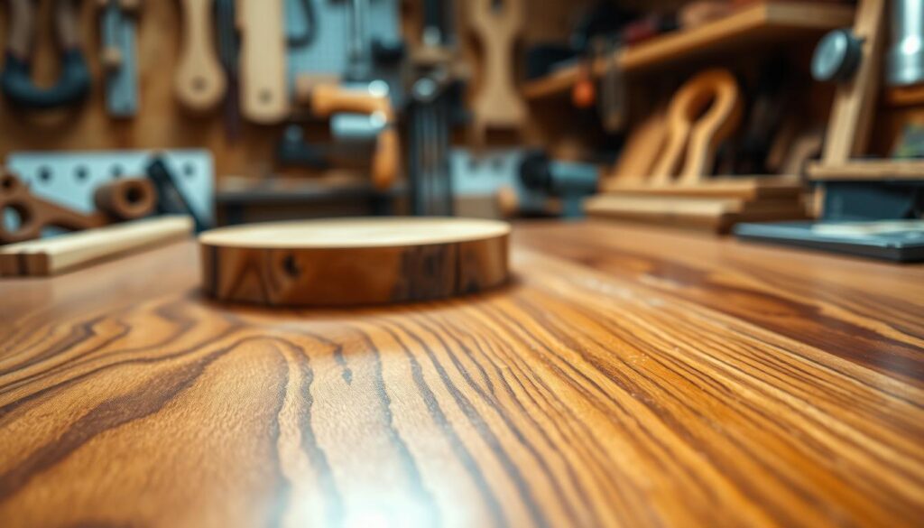 A close-up view of a beautifully grained wood veneer surface, showcasing intricate patterns and textures that highlight its elegance. In the foreground, focus on a polished wood veneer piece, emphasizing its smooth finish and natural sheen, rich in warm brown tones and subtle variations. In the middle ground, place a solid wood object, contrasting with the veneer, featuring rougher edges and a more rustic look. The background should softly blur, hinting at a cozy, well-lit workshop filled with woodworking tools, creating an atmosphere of craftsmanship. Use soft, diffused lighting to enhance the wood textures and highlight the differences in grain patterns. The image should evoke a sense of clarity, quality, and professionalism suitable for an educational context.