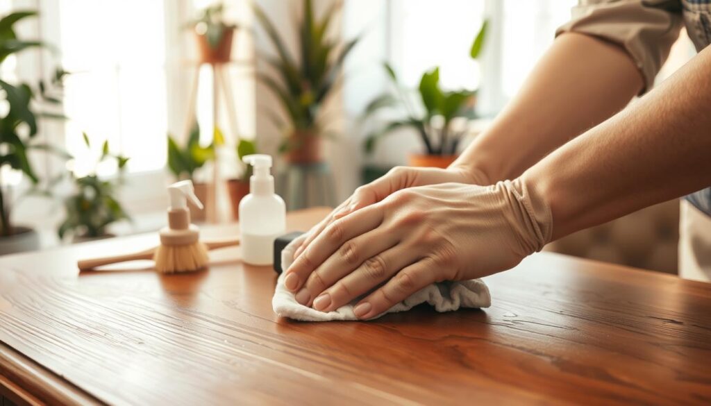 A close-up view of a beautifully painted wooden furniture surface, showcasing intricate details such as the texture of the paint and the natural grain of the wood beneath. In the foreground, a pair of gently worn hands, clad in professional attire, is holding a soft, damp cloth, delicately assessing the surface. The middle ground features an assortment of cleaning tools, like a gentle cleanser and a soft-bristle brush, arranged thoughtfully. A warm, diffused light bathes the scene, creating a cozy and inviting atmosphere, while a softly blurred background reveals a bright, airy room filled with potted plants. The overall mood is serene and focused, capturing the essence of careful maintenance and attention to detail. A close-up view of a beautifully painted wooden furniture surface, showcasing intricate details such as the texture of the paint and the natural grain of the wood beneath. In the foreground, a pair of gently worn hands, clad in professional attire, is holding a soft, damp cloth, delicately assessing the surface. The middle ground features an assortment of cleaning tools, like a gentle cleanser and a soft-bristle brush, arranged thoughtfully. A warm, diffused light bathes the scene, creating a cozy and inviting atmosphere, while a softly blurred background reveals a bright, airy room filled with potted plants. The overall mood is serene and focused, capturing the essence of careful maintenance and attention to detail.